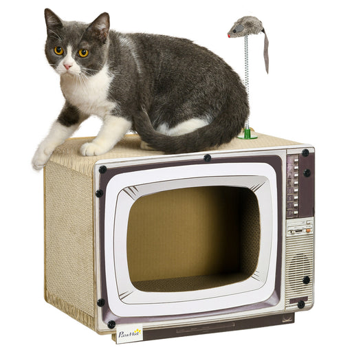 TV Shaped Cat Scratching Board with Catnip and Toy Rat for Indoor Cats Grey