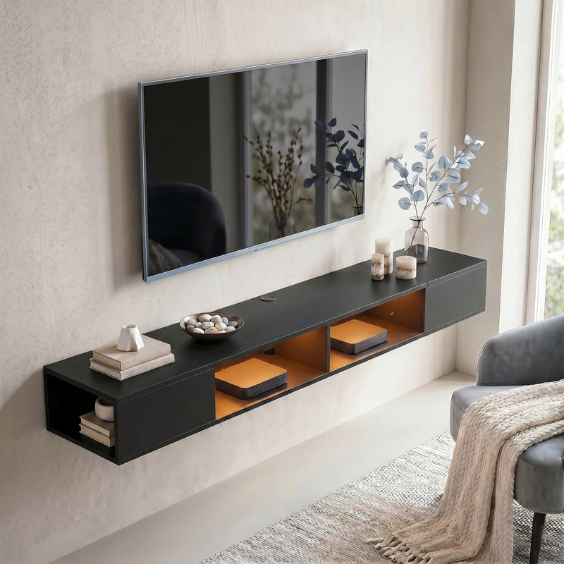 Wall Mounted Floating TV Stand with LED Lights and Cable Management for Tidy Living Room, Black