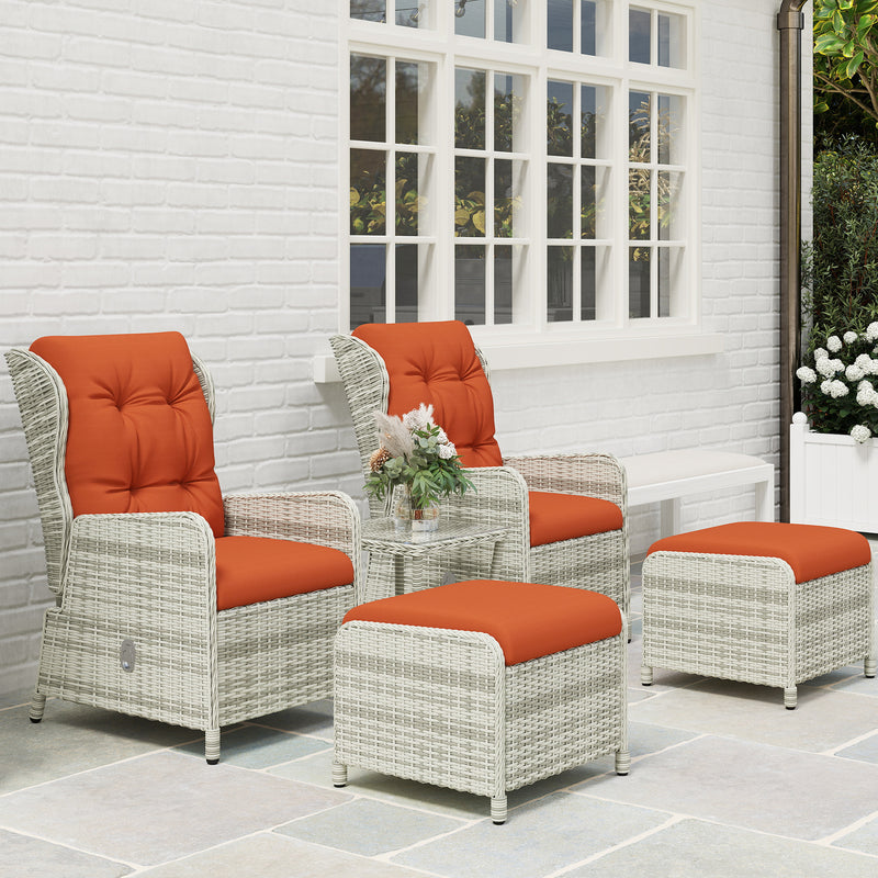 5 Piece Rattan Bistro Set with Reclining Chairs Cushions and Table in Orange by Outsunny