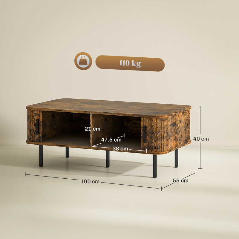 Wooden Coffee Table With Sliding Tambour Doors And Storage Shelf For Living Room Rustic Brown