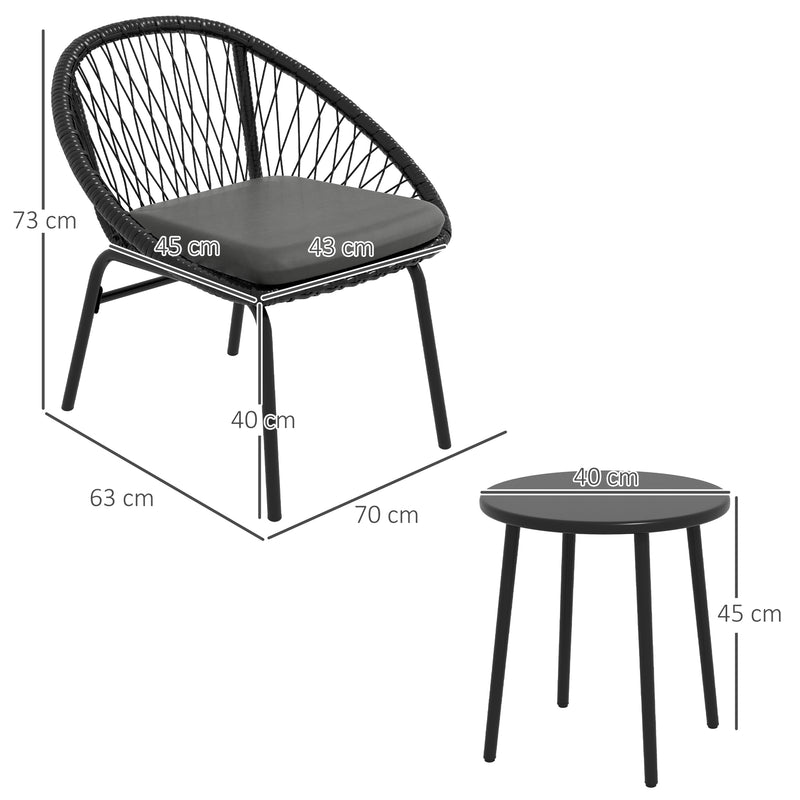 Black 3 Piece Rattan Bistro Set With Cushions For Balcony Or Small Garden Spaces