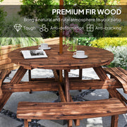 Wooden Garden Dining Set for 8 with Round Table and Benches Parasol Hole, Carbonised Wood Outsunny