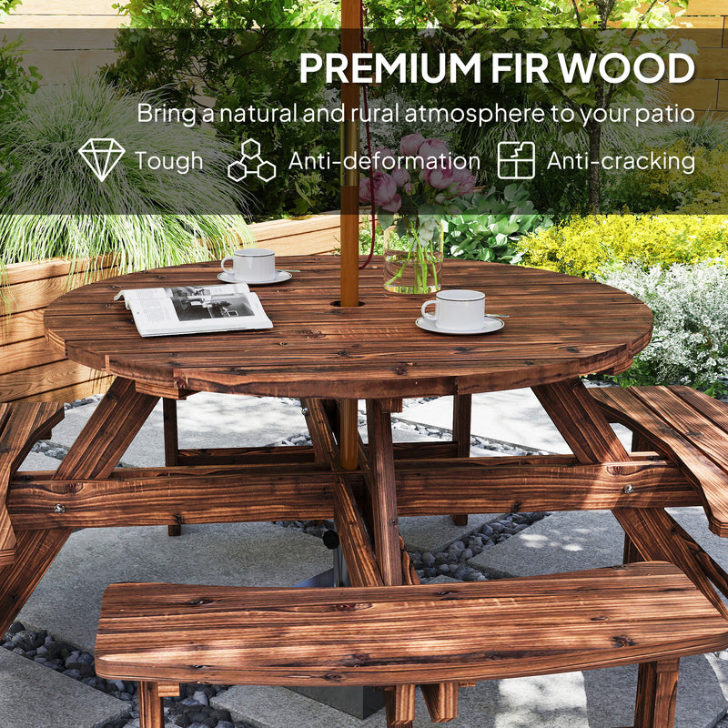 Wooden Garden Dining Set for 8 with Round Table and Benches Parasol Hole, Carbonised Wood Outsunny