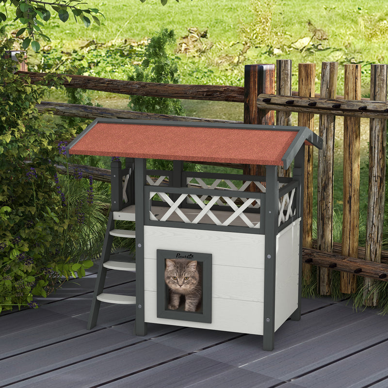 Wooden Outdoor Cat House with Balcony and Stairs Ideal for Garden Use, White