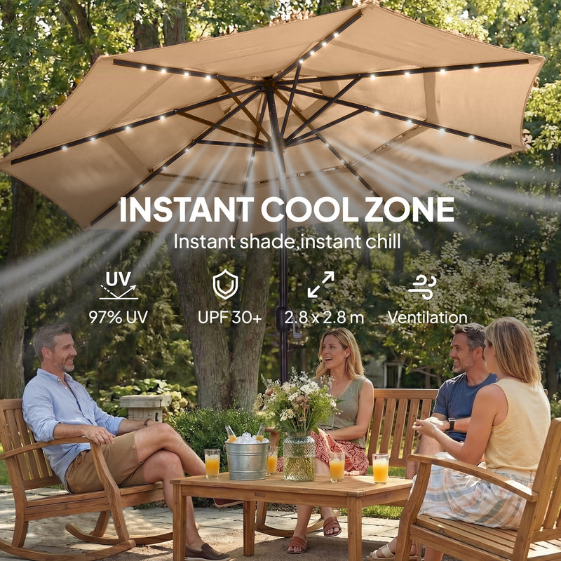 Garden Parasol with Solar LED Lights and Adjustable Shade for Outdoor Dining Khaki Outsunny