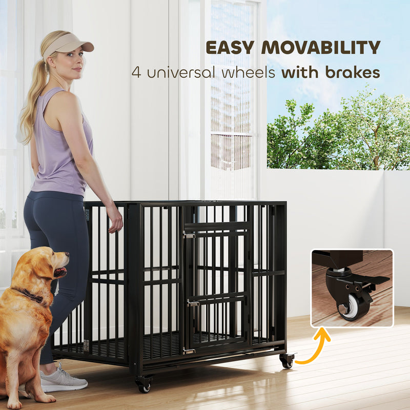 Heavy Duty Foldable Dog Crate With Wheels Open Top and Tray for Large Dogs, Black