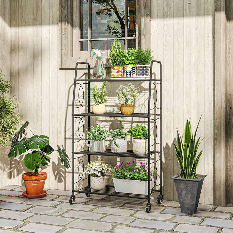 Mobile Plant Stand with 4 Shelves for Indoor or Outdoor Corner Storage Black Outsunny