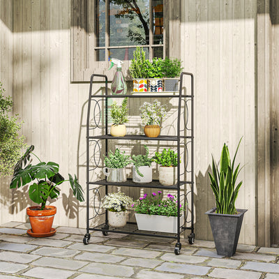 Mobile Plant Stand with 4 Shelves for Indoor or Outdoor Corner Storage Black Outsunny