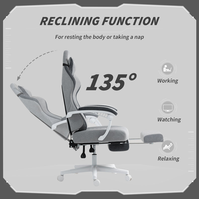 Grey Velvet Reclining Gaming Chair With Footrest And Lumbar Support For Home Office