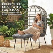 Egg Chair and Footstool Set for Comfortable Outdoor Relaxing Weather Resistant Rattan Grey Outsunny