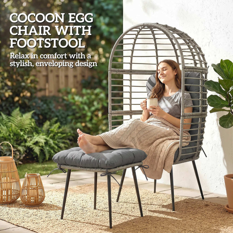 Egg Chair and Footstool Set for Comfortable Outdoor Relaxing Weather Resistant Rattan Grey Outsunny