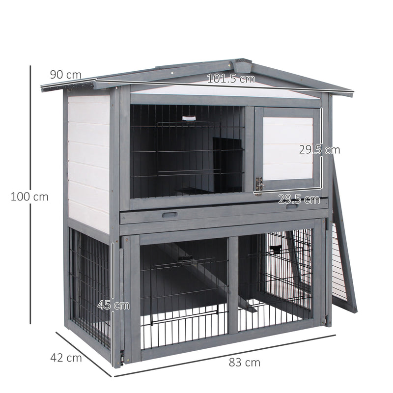 2 Tier Wooden Rabbit Hutch for Outdoor Use with Ramp and Shelter for Guinea Pigs Grey AOSOM