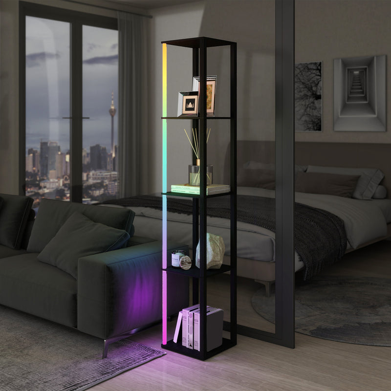 Modern LED Floor Lamp With Storage Shelves And Remote Control For Living Room Black