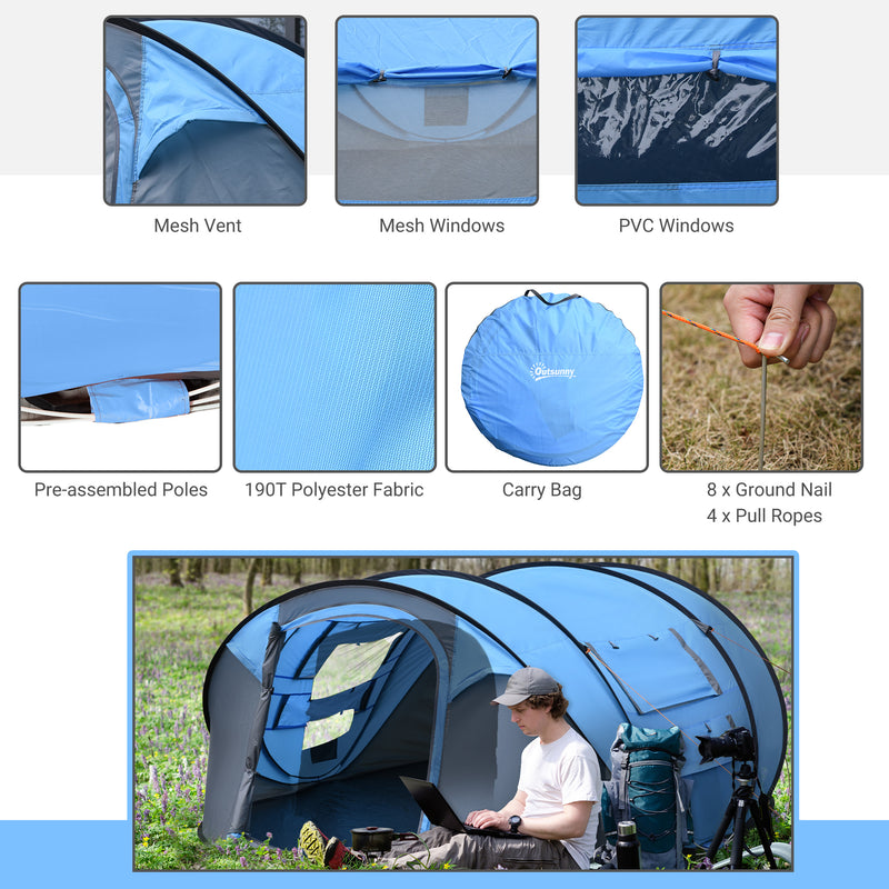 Outsunny 4 Person Pop-up Camping Tent, Family Dome Tent with Ground Sheet, 4 Windows and Portable Carry Bag for Beach Outdoor Trip, Sky Blue