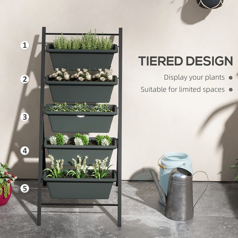 Grey 5 Tier Vertical Garden Planter Stand With Containers For Vegetables And Flowers