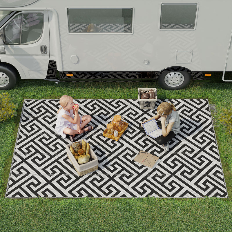 Large Reversible Outdoor Rug for Camping Garden or Picnic Lightweight Plastic Mat Black White  182L x 274W