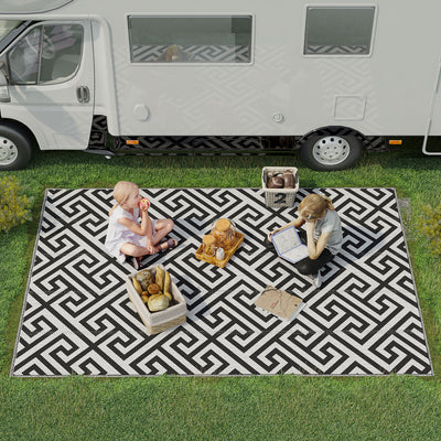Large Reversible Outdoor Rug for Camping Garden or Picnic Lightweight Plastic Mat Black White  182L x 274W