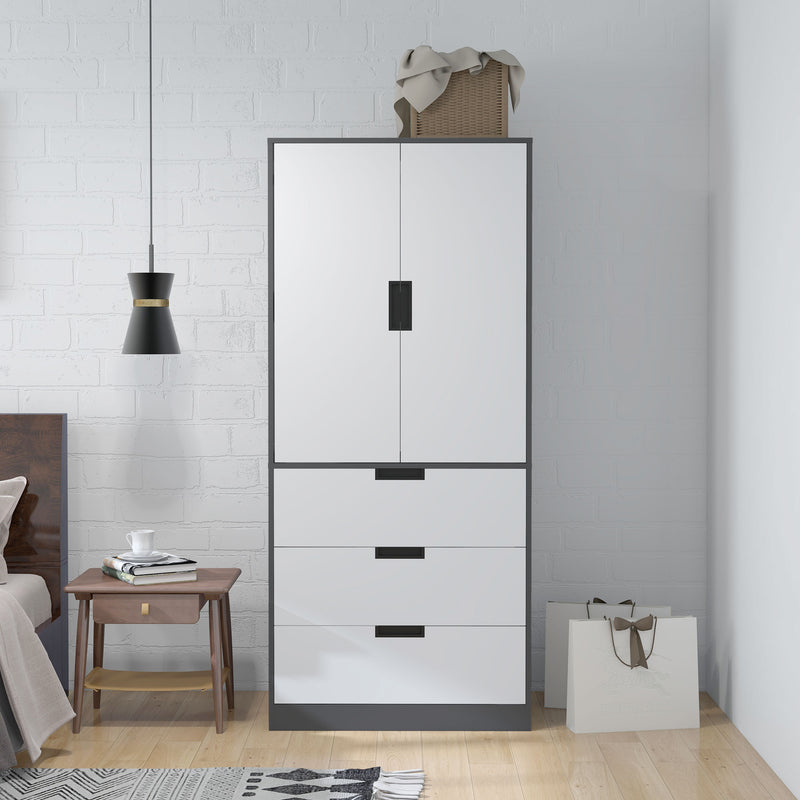 Modern 2 Door Bedroom Wardrobe With Hanging Rail and 3 Storage Drawers, Grey