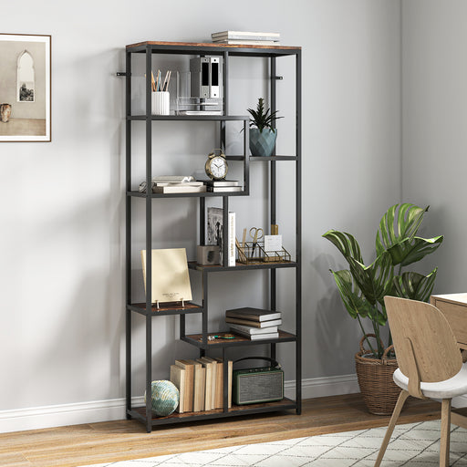 Seven Tier Geometric Bookcase With Open Shelves For Modern Home Storage Brown Black