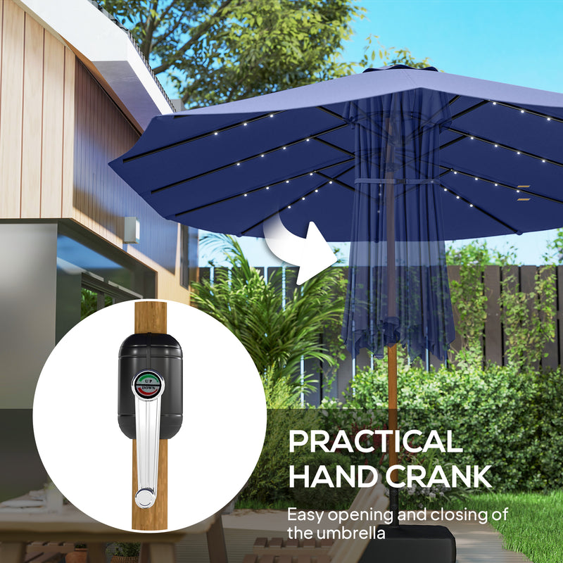 Double Garden Parasol with Extra-Large Canopy and Lights for Shaded Outdoor Dining. Navy Blue