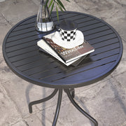 Black Steel Round Garden Side Table 66cm With Slatted Top Ideal For Patio Or Balcony