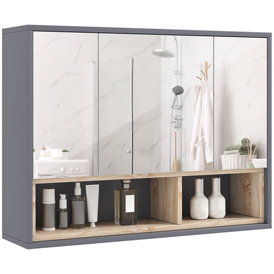 Grey Wall Mounted Bathroom Mirror Cabinet With 3 Doors and Storage by HOMCOM