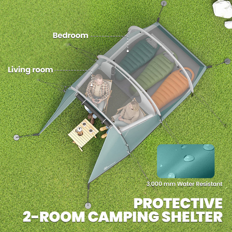 Outsunny Three-Man, 3000mm Water-Resistant Two-Room Tunnel Tent - Green
