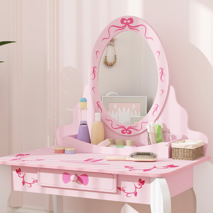 Pink Kids Dressing Table Set with Stool Mirror Drawer and Ballet Theme by AIYAPLAY