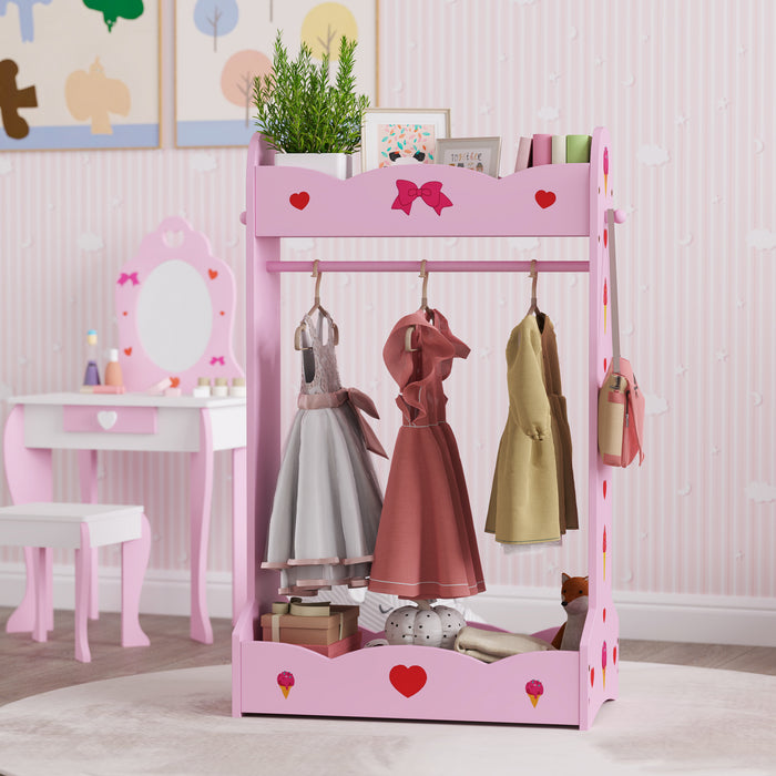 Kids Clothes Rail with 2 Storage Shelves for Ages 3-8 in Hot Pink by AIYAPLAY
