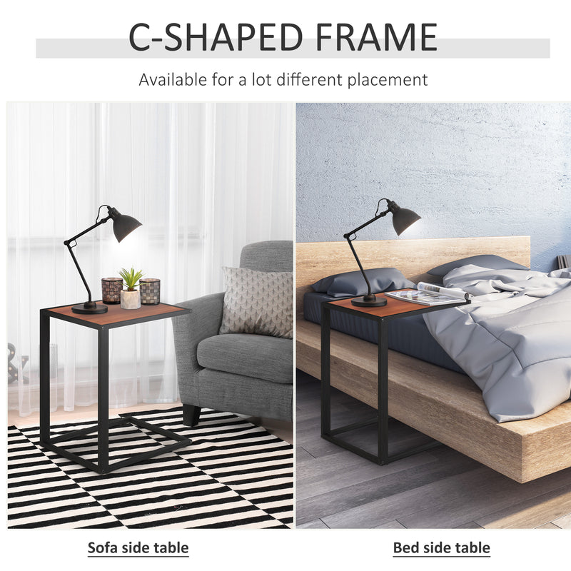 Set of 2 C Shaped Sofa Side Tables with Metal Frame for Living Room or Bedroom, Walnut and Black