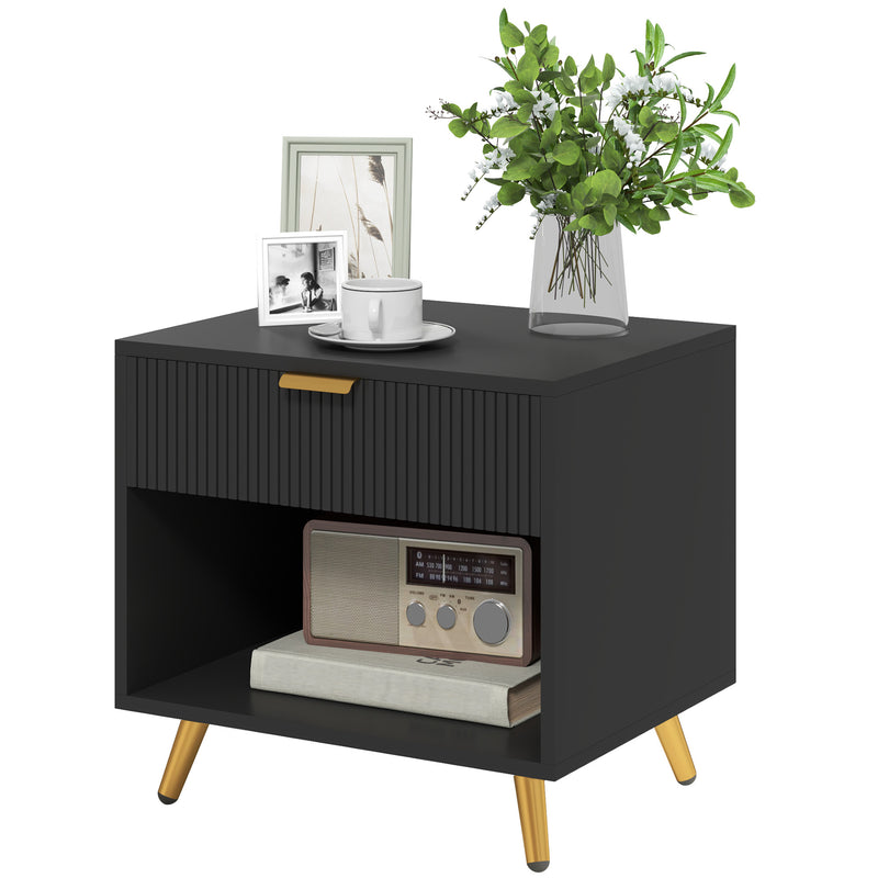Black and Gold Bedside Table with Drawer and Shelf for Elegant Storage by HOMCOM