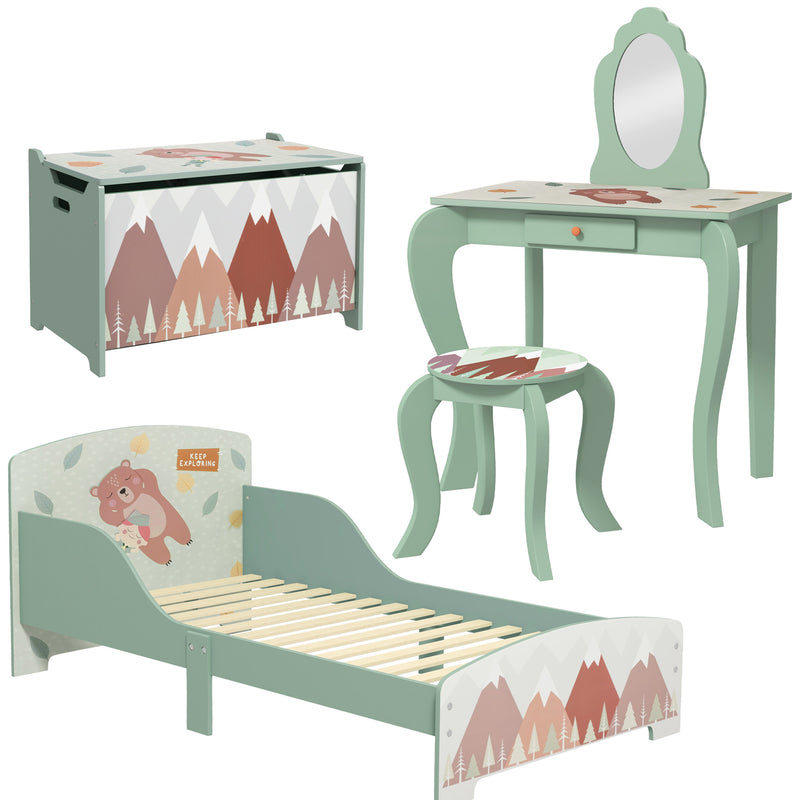 Kids Bedroom Furniture Set with Bed Toy Chest and Dressing Table for Ages 3 to 6 Green AOSOM