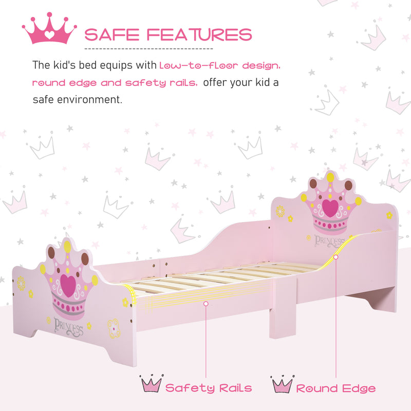 Pink Toddler Princess Bed with Safety Rails and Slats for Girls Aged 3 to 6 Years