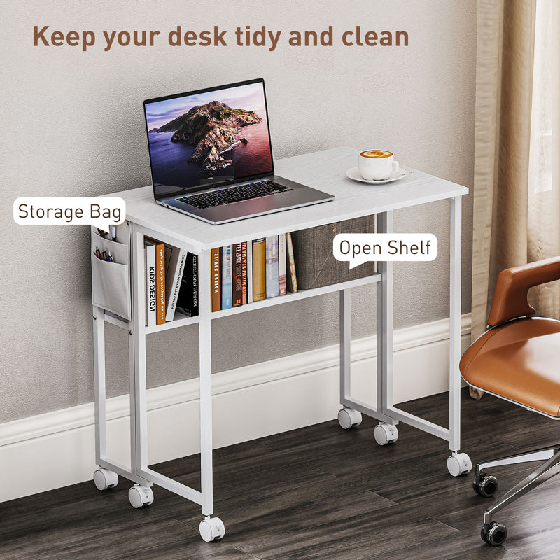 White 80 cm Drop Leaf Writing Desk Space Saving Folding Table for Home Office