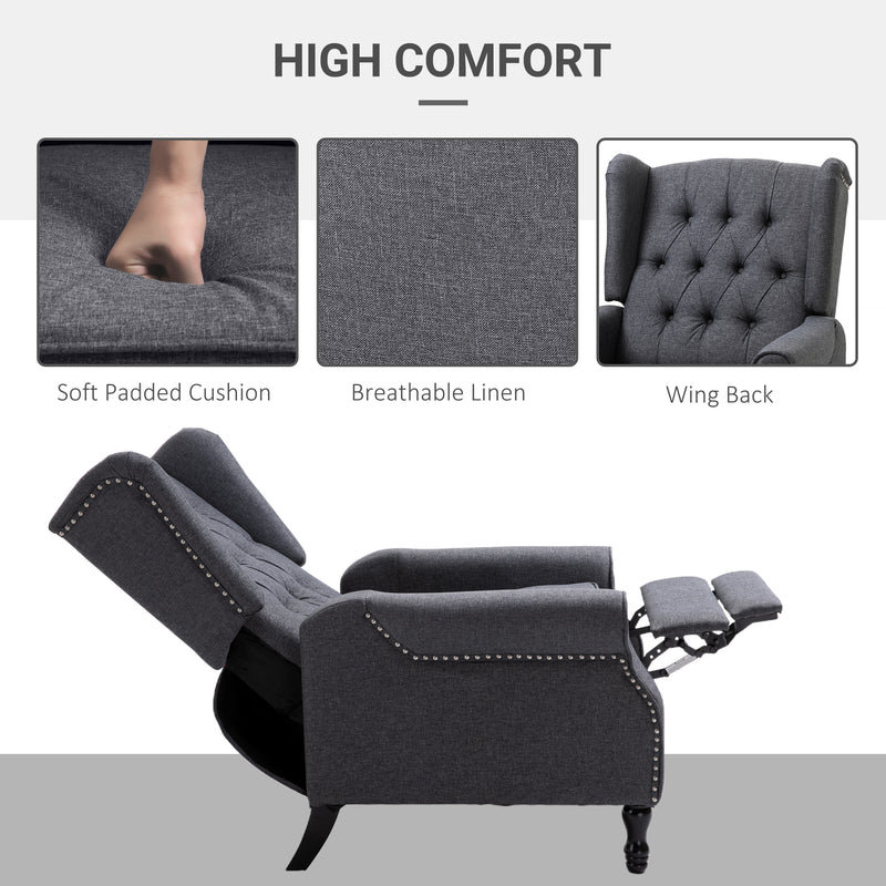 Wingback Recliner Armchair With Footrest and Button Tufted Back for Living Room Dark Grey