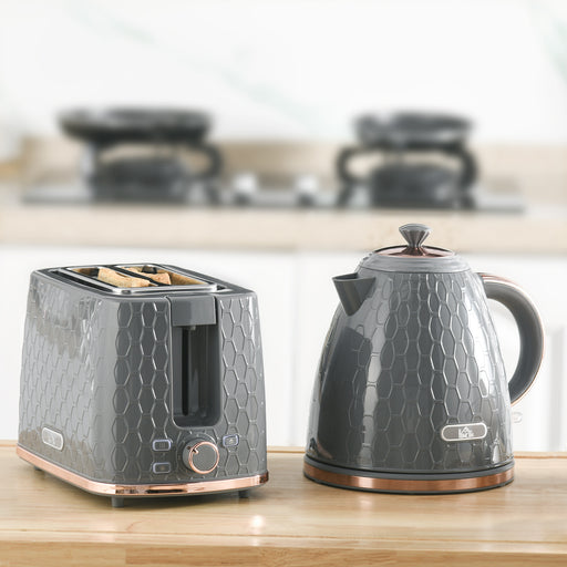 Fast Boil Kettle and 2 Slice Toaster Set With Auto Shut Off and Browning Control Grey