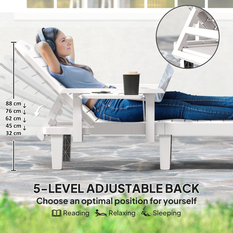 Set of 2 White Reclining Sun Loungers with Foldable Table for Garden and Beach by Outsunny