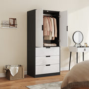 Modern 2 Door Bedroom Wardrobe with Hanging Rail and 3 Storage Drawers, High Gloss White