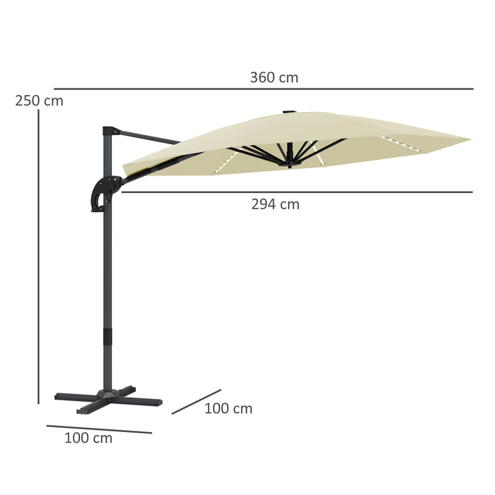 Cream 3m Cantilever Garden Parasol with Solar Lights Crank Handle and 360 Rotation by Outsunny