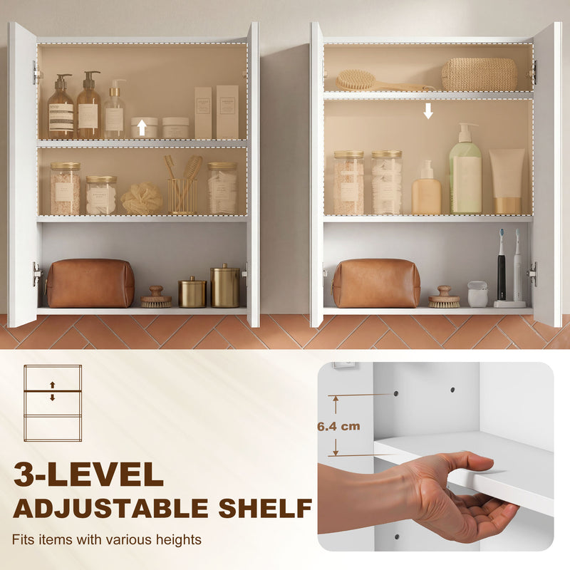 Bathroom Wall Mounted Mirror Cabinet with Adjustable Shelf for Extra Storage White AOSOM