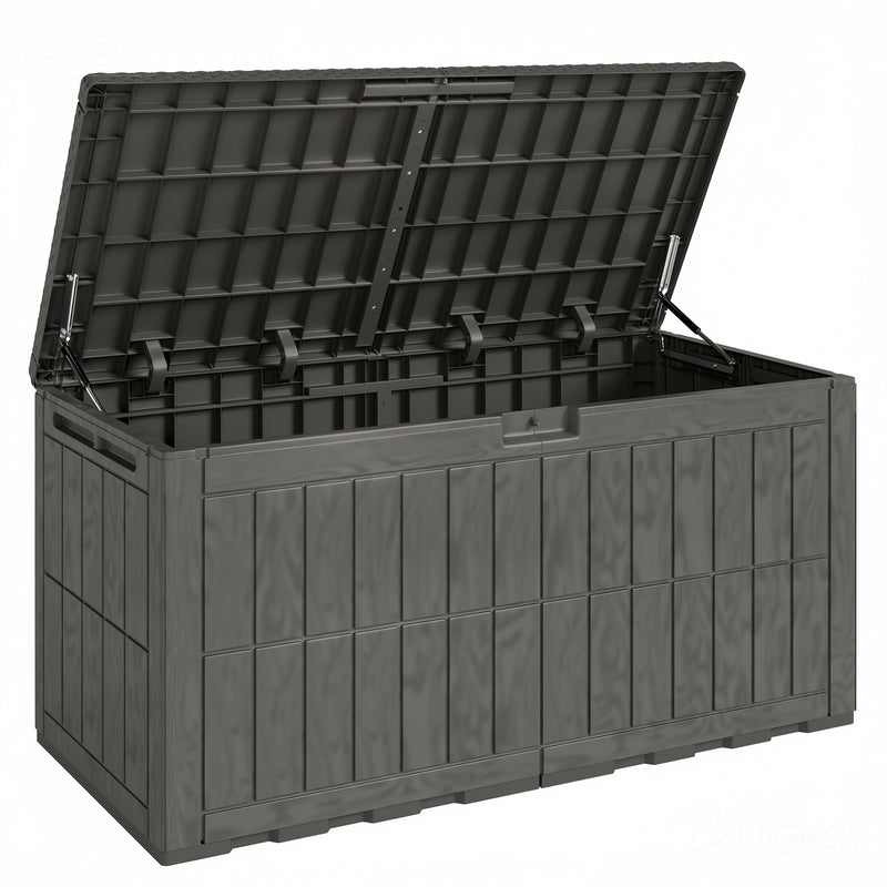 440L Waterproof Plastic Garden Storage Box With Bench Seat For Garden Tools & Cushions Wood Effect Coffee