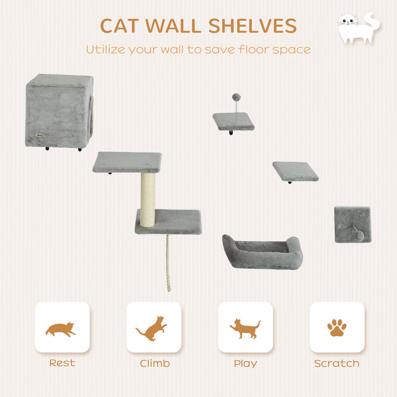 Grey 6 Piece Cat Wall Shelves Set with Bed Scratching Post and Toy Ball by PawHut