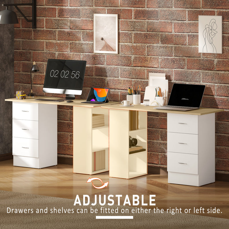 Computer Desk with 3 Storage Shelves and Drawers for Home Office Organisation, Natural Wood White