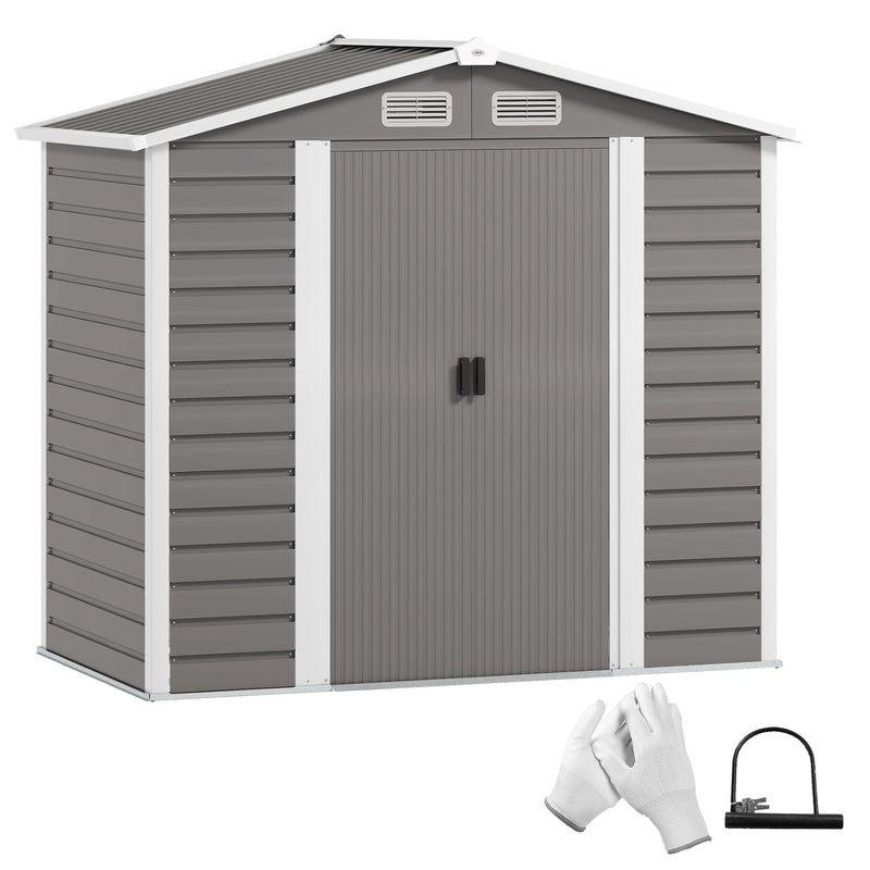 7x4ft Garden Storage Shed with Lockable Double Doors and Foundation Kit Light Grey by Outsunny
