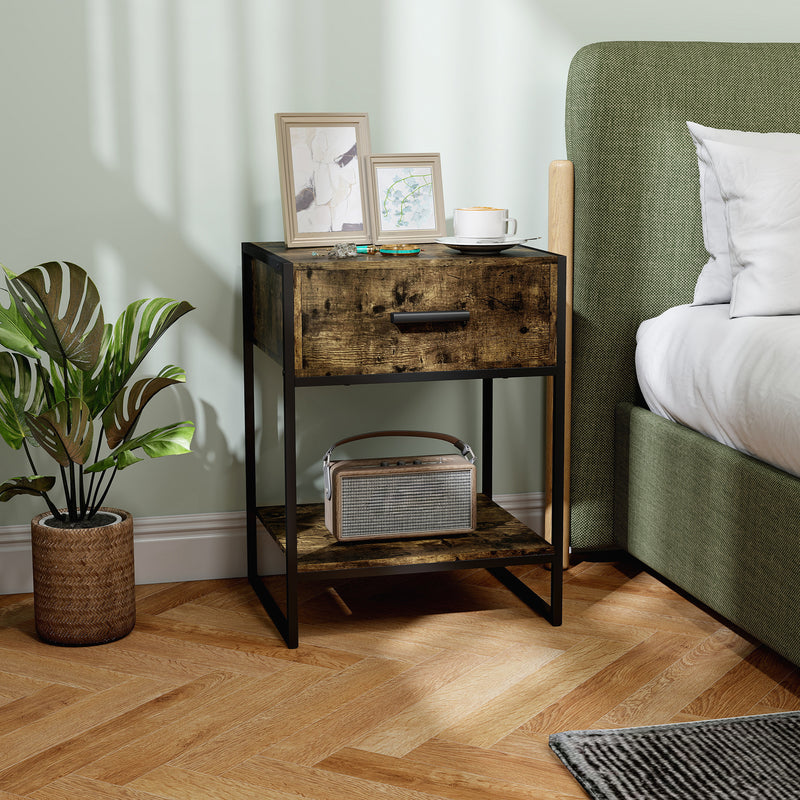 Modern Bedside Table with Storage Drawer for Bedroom or Lounge Rustic Brown