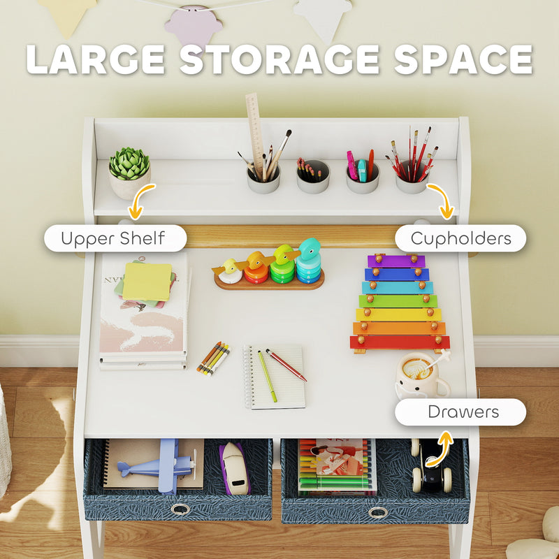 Kids Art Table and Chair Set with Storage Shelf and Drawers Ideal for Creative Play White AOSOM