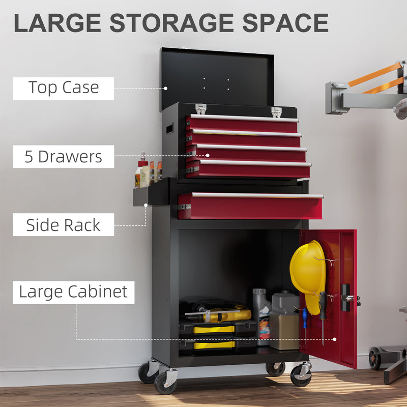 Rolling Tool Storage Chest with Two-Part Design for Garage or Workshop Black Red