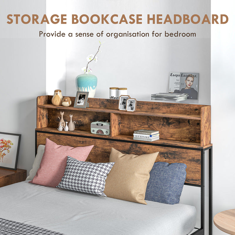 Industrial Double Bed Frame with Storage Headboard and Slatted Base for Adults Rustic Brown