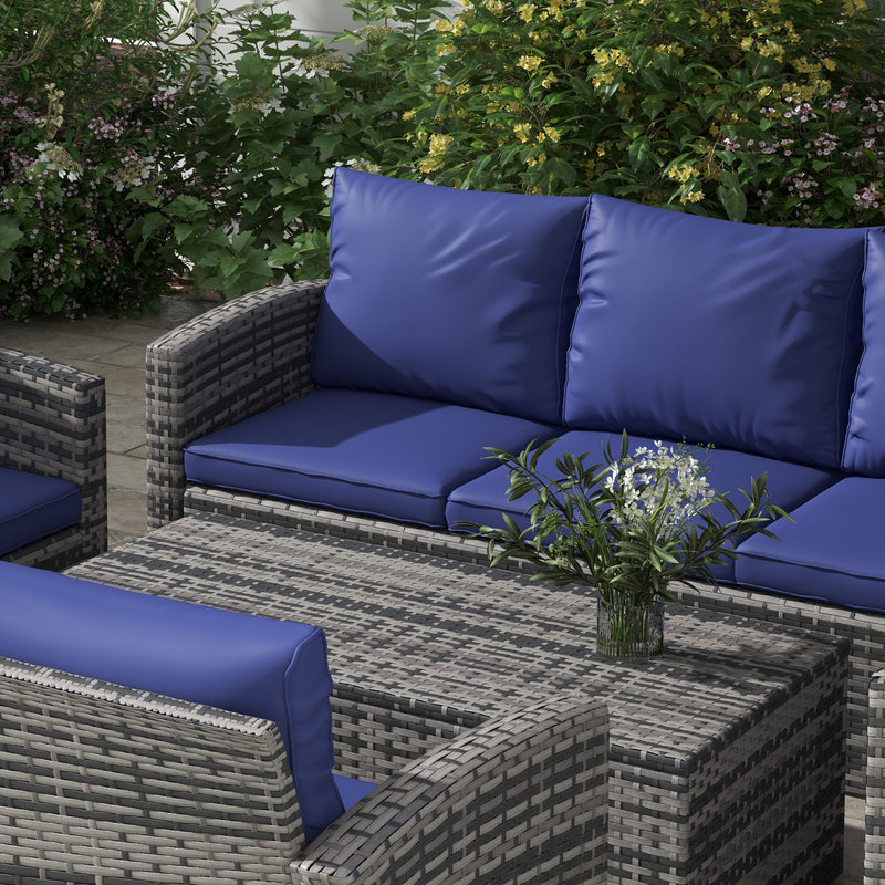 6 Seater Rattan Garden Furniture Set With Cushions and Storage Tables Grey With Navy Blue by Outsunny
