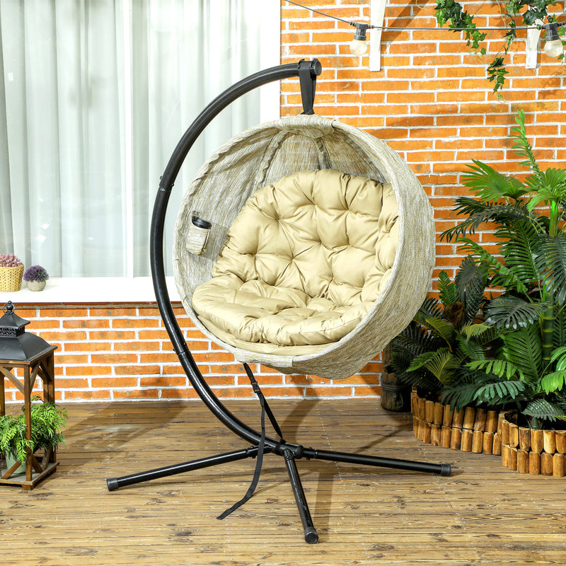 Khaki Hanging Egg Chair with Stand Thick Cushion and Cup Holder for Garden or Indoor Use by Outsunny